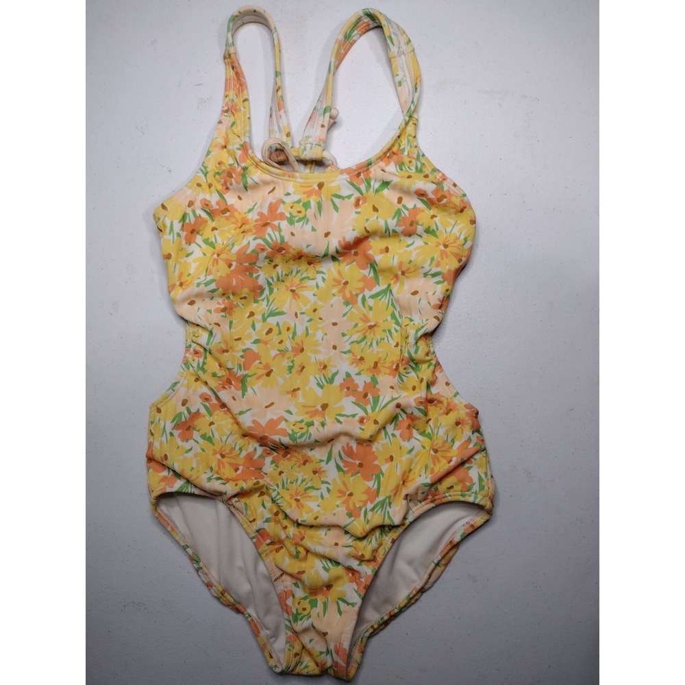 Art Class Girls Yellow Floral Ribbed One Piece Swimsuit Cutout Back Size L 10/12